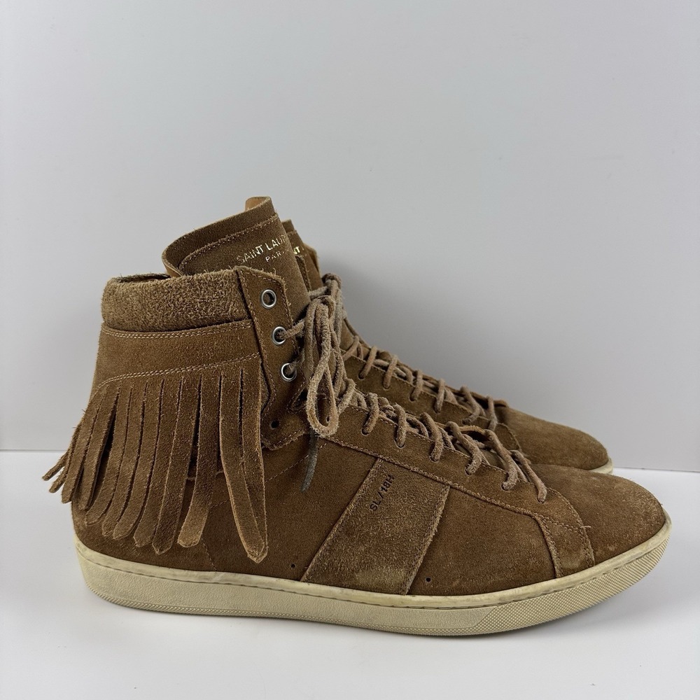 Saint Laurent SL/18H Tan Fringe Suede High Top Court Sneakers Mens EU 46/US 13 - Picture 2 of 8